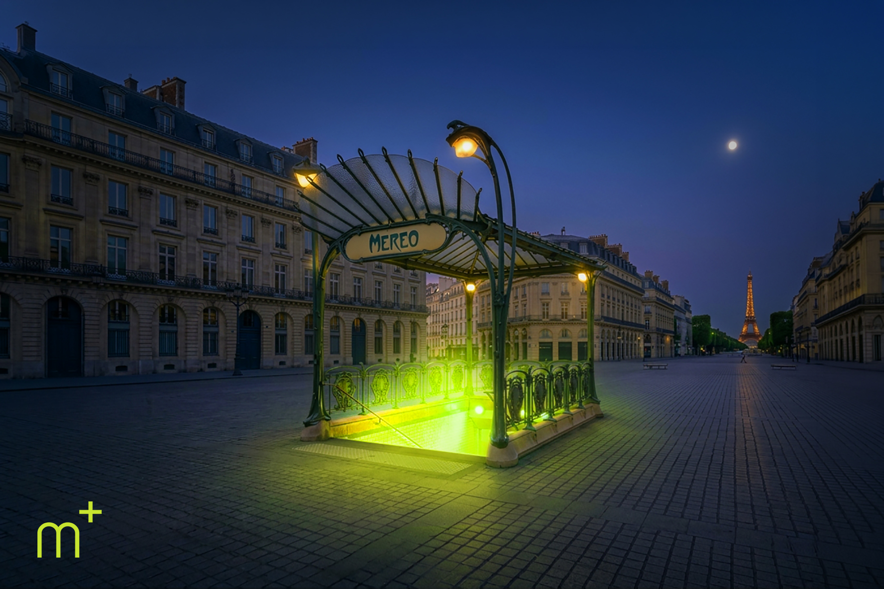 Guimard metro entrance in Paris glowing green, with the Eiffel Tower in the distance